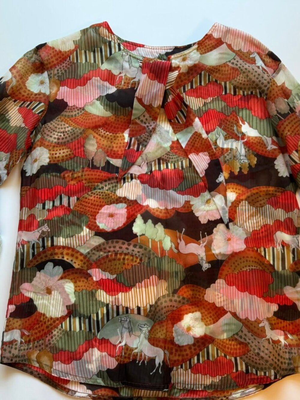 Vtg 1970's Floral Pony Horse Print Semi Sheer Lightweight Blouse Top sz XL